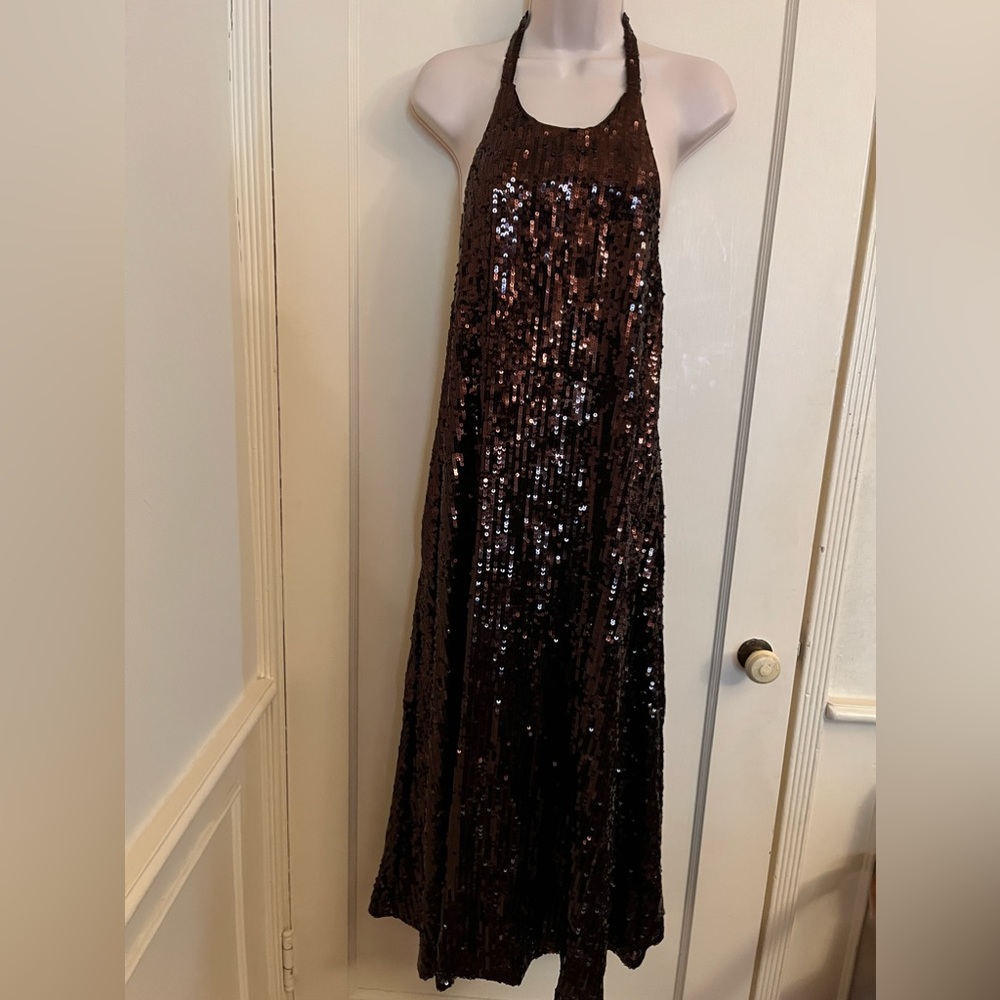 Zara Chocolate Brown Sequin Halter Maxi Dress NWT